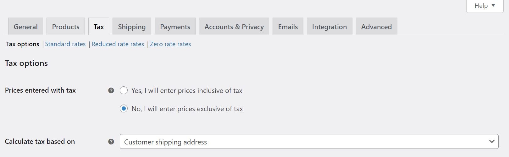 Página de opciones de impuestos de WooCommerce