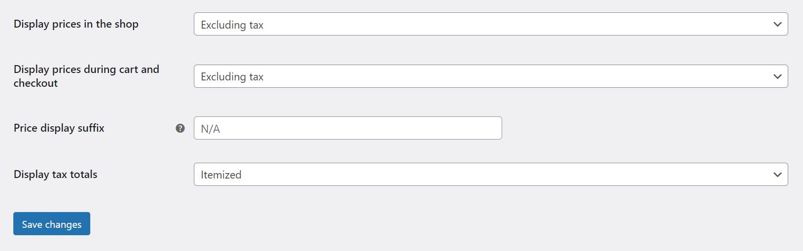Ver opciones de precios en la configuración de impuestos de WooCommerce
