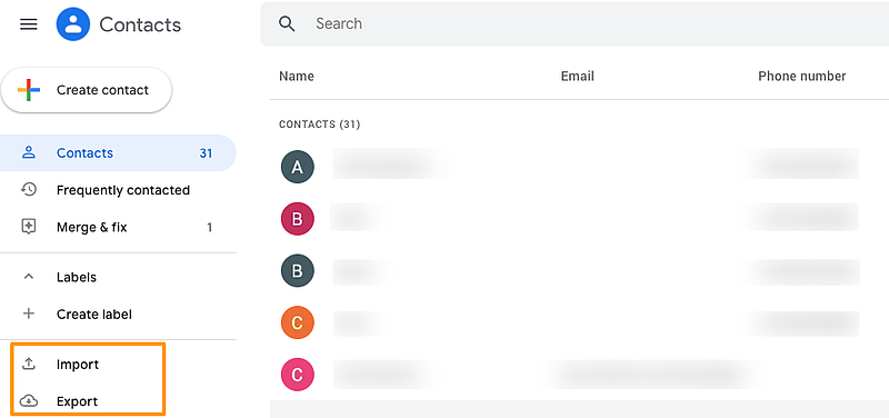 Menú de contactos de Google que muestra la opción para importar y exportar contactos