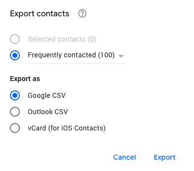 Menú de contactos de Google que muestra las opciones disponibles para exportar contactos