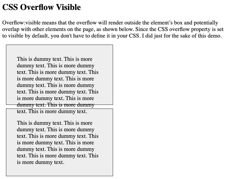 Ejemplo visible de desbordamiento de CSS con texto de un div superpuesto a otro