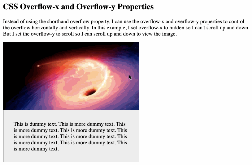 Las propiedades Overflow-x y overflow-y están configuradas como ocultas y desplazables respectivamente para que la imagen se pueda desplazar verticalmente pero no horizontalmente
