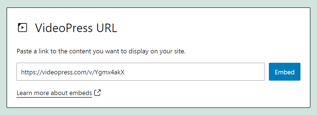 Agregar un enlace de VideoPress al bloque de inserción.