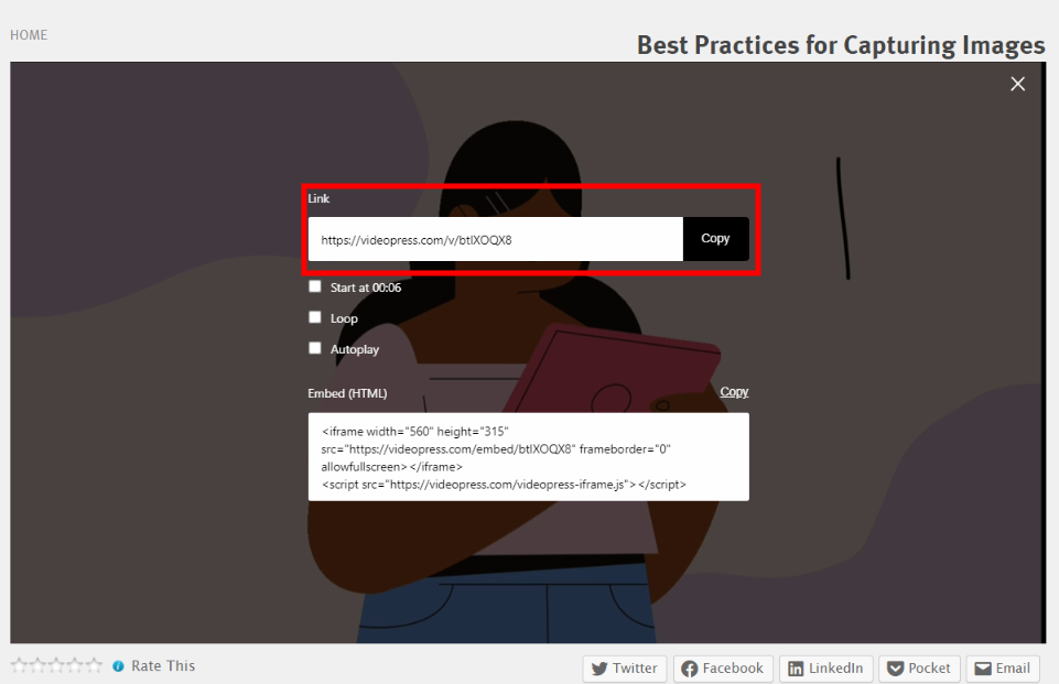 Copiando el enlace al video de WordPress.tv.