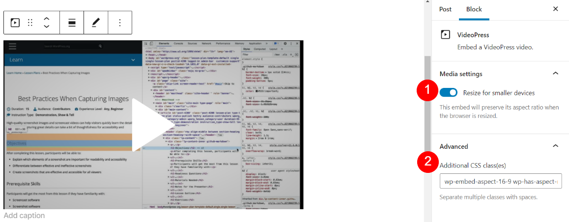 Configuraciones de bloqueo adicionales para el bloque de incrustación de WordPress.tv.