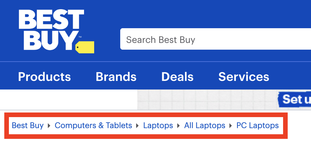 Un ejemplo de migas de pan de WordPress en el sitio web de Best Buy