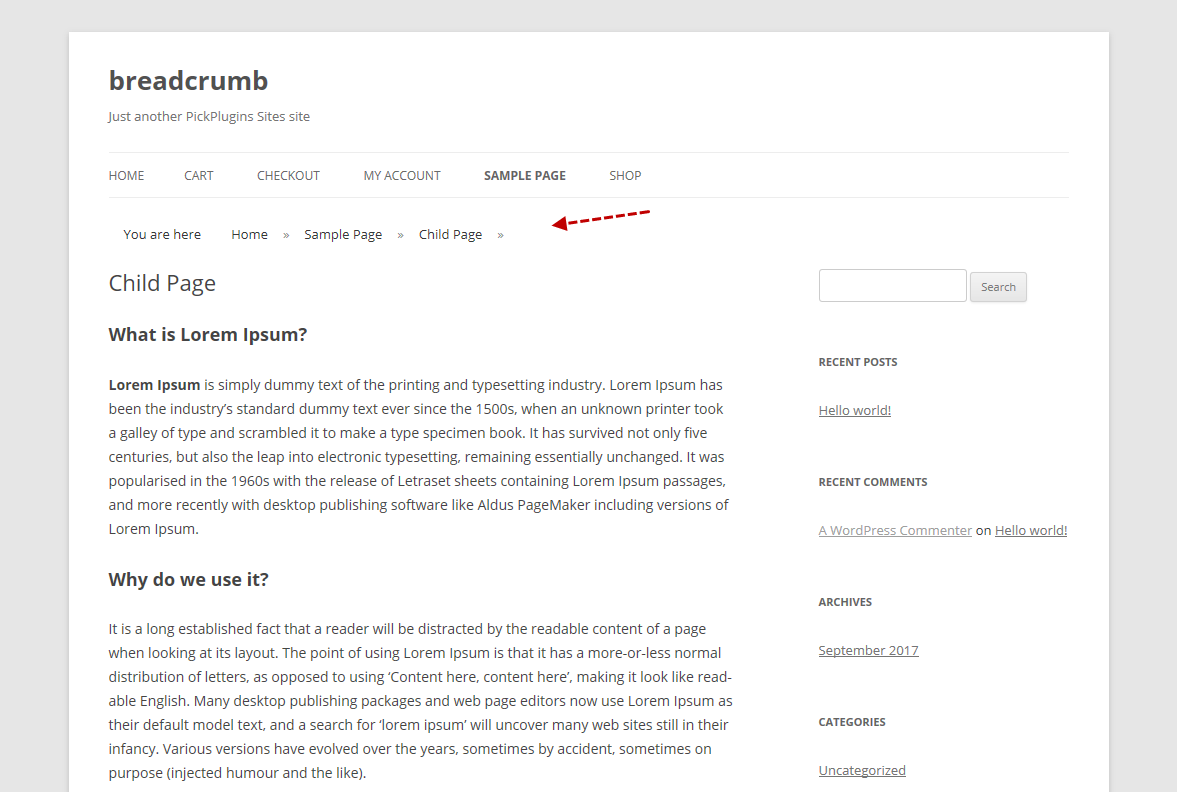 Un ejemplo de migas de pan de WordPress en el complemento Breadcrumb