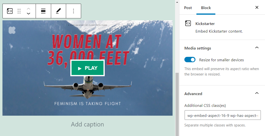Menú de configuración para el bloque Kickstarter
