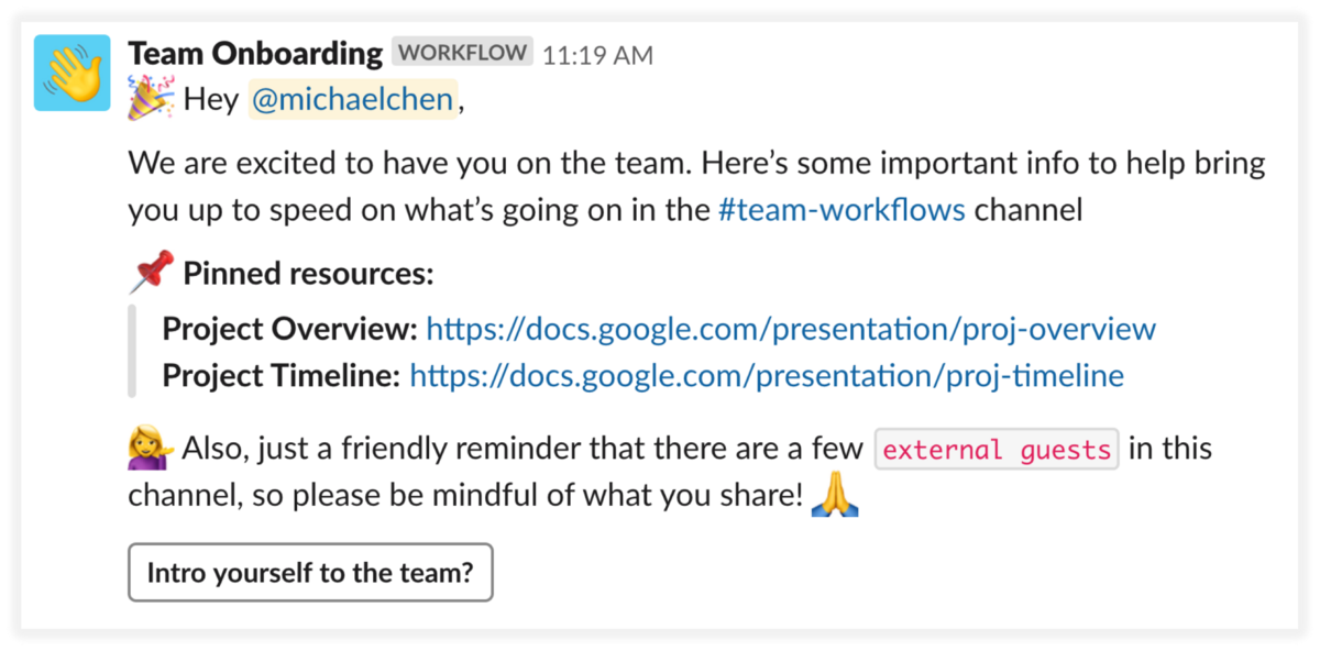 Slack Un mensaje del equipo de Onboarding usando Workflow Builder