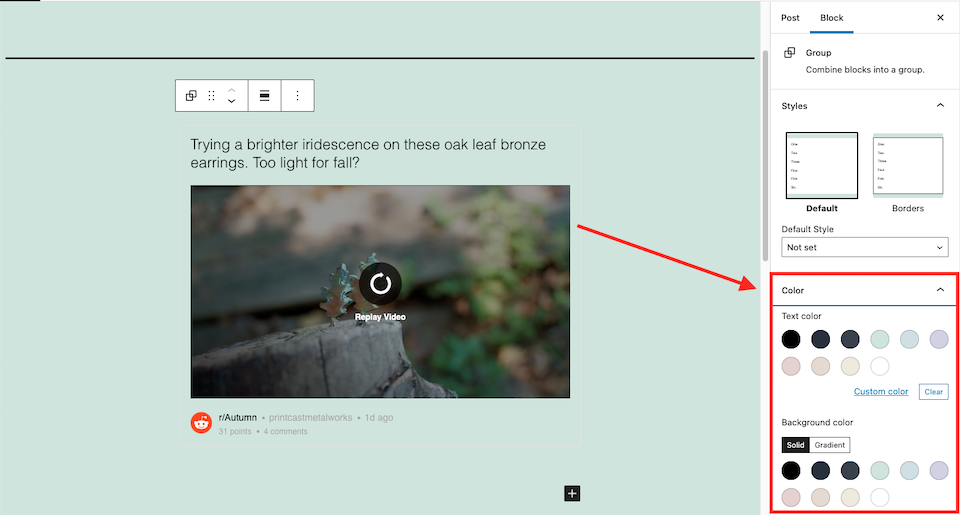 Opciones de color para grupos.