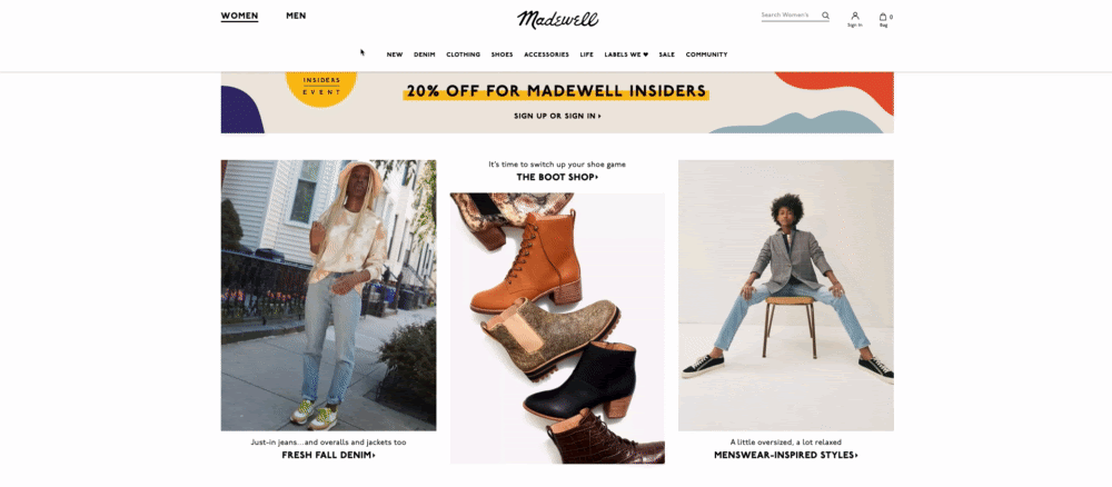 sitio madewell con navegación primaria y secundaria