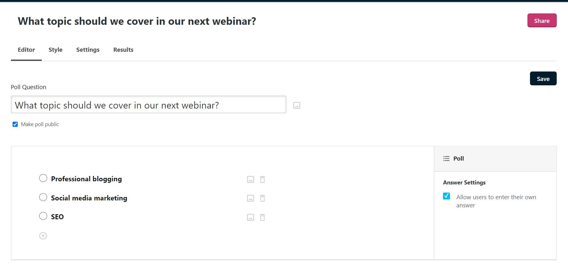 Un ejemplo de una encuesta en Crowdsignal