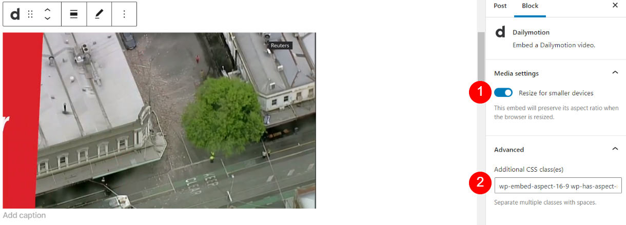 Configuración del bloque de incrustación de Dailymotion. 