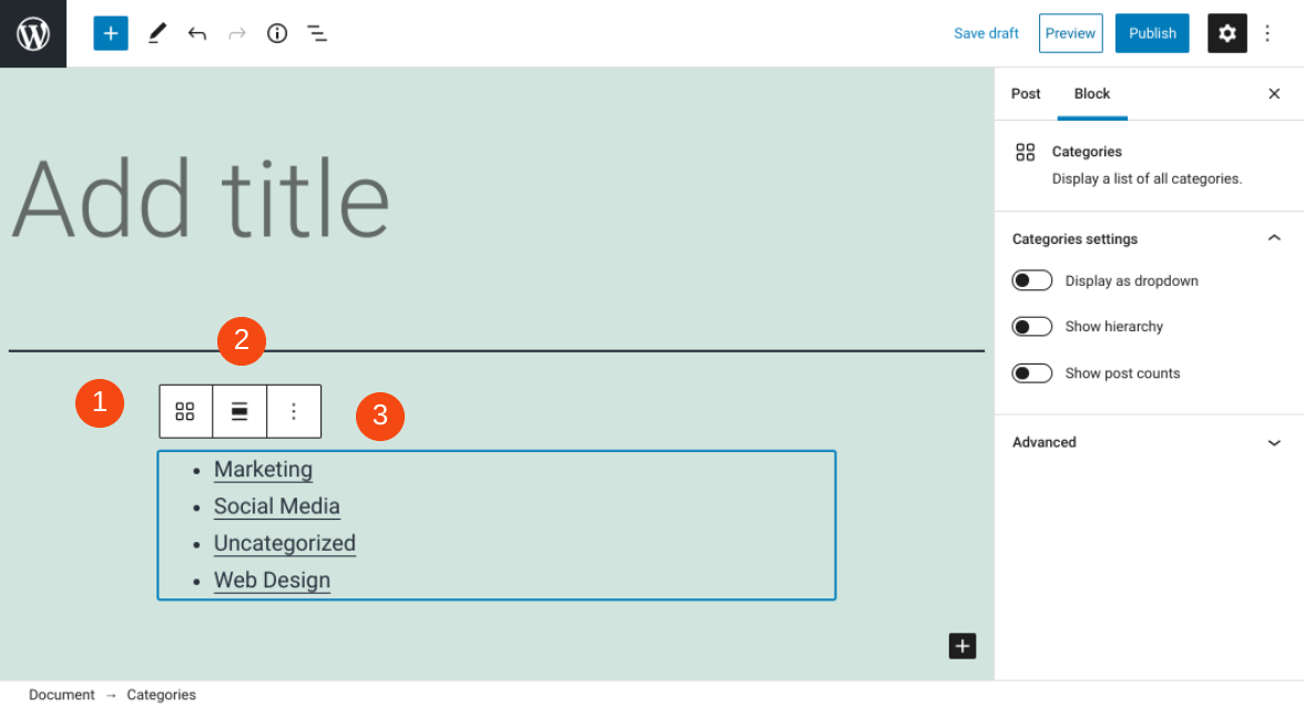 Barra de herramientas de bloque de categorías.