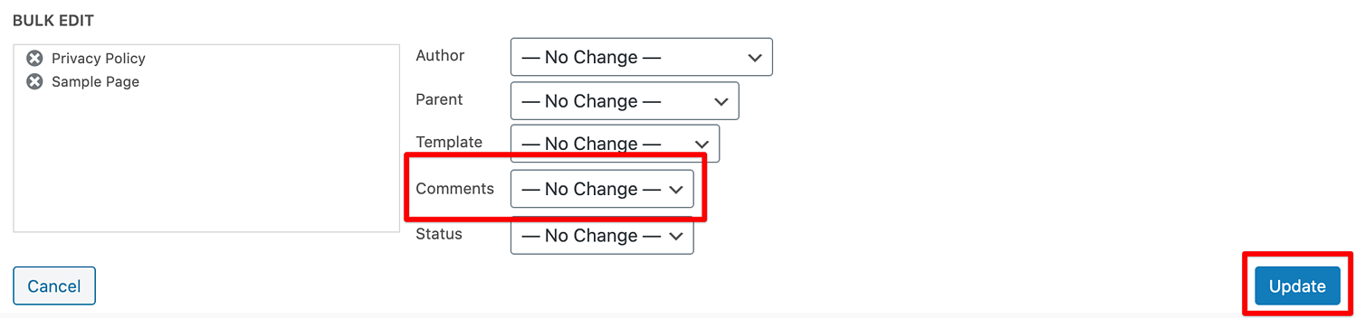 Opciones de edición masiva para publicaciones de WordPress donde los usuarios pueden deshabilitar los comentarios