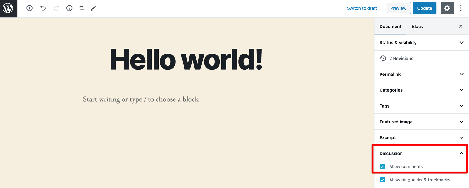menú de configuración del generador de páginas de wordpress donde los usuarios deshabilitan los comentarios