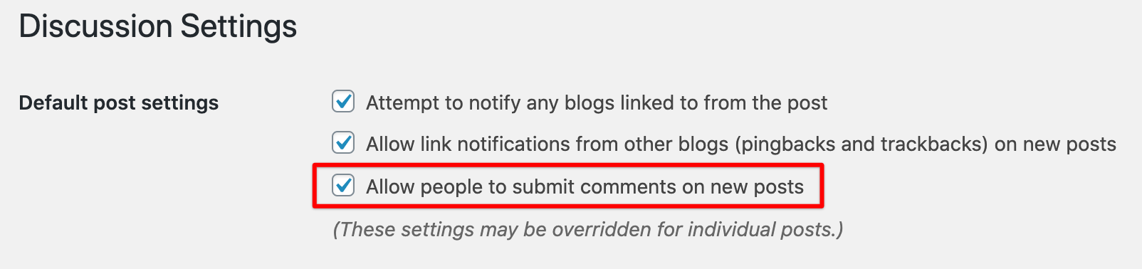 Menú de configuración de discusión de WordPress donde los usuarios pueden deshabilitar los comentarios