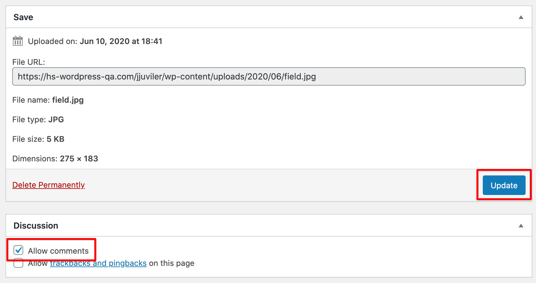 Página de edición de medios de WordPress donde los usuarios pueden deshabilitar los comentarios
