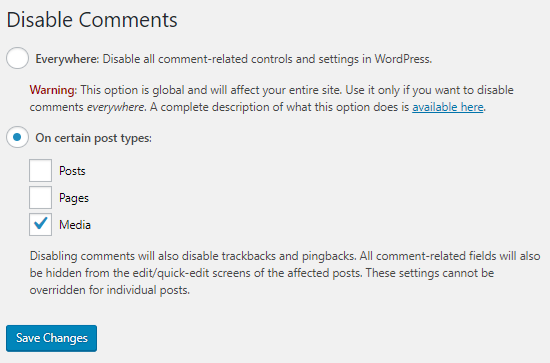 menú de complementos Deshabilitar comentarios de WordPress
