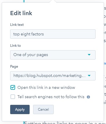 edite la funcionalidad del enlace en hubspot con la casilla de verificación "abrir este enlace en una ventana nueva"