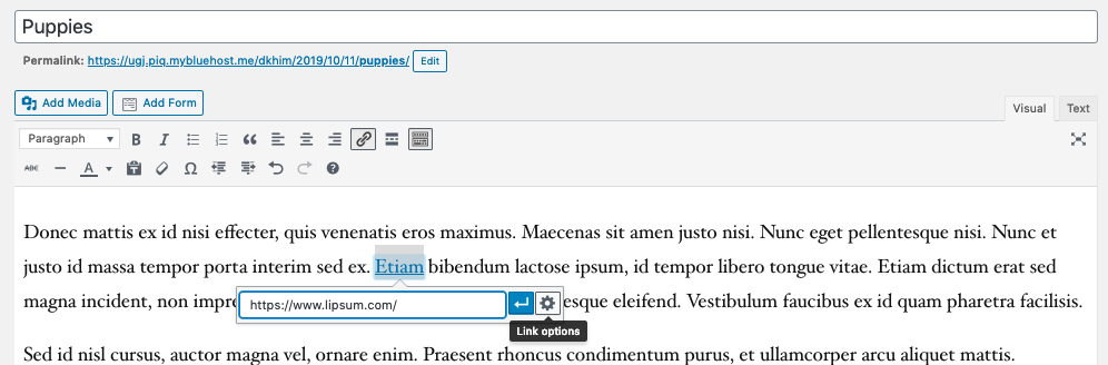 En el Editor clásico, haga clic en el ícono de ajustes para abrir Opciones de enlace y configure un enlace externo para que se abra en una nueva pestaña 