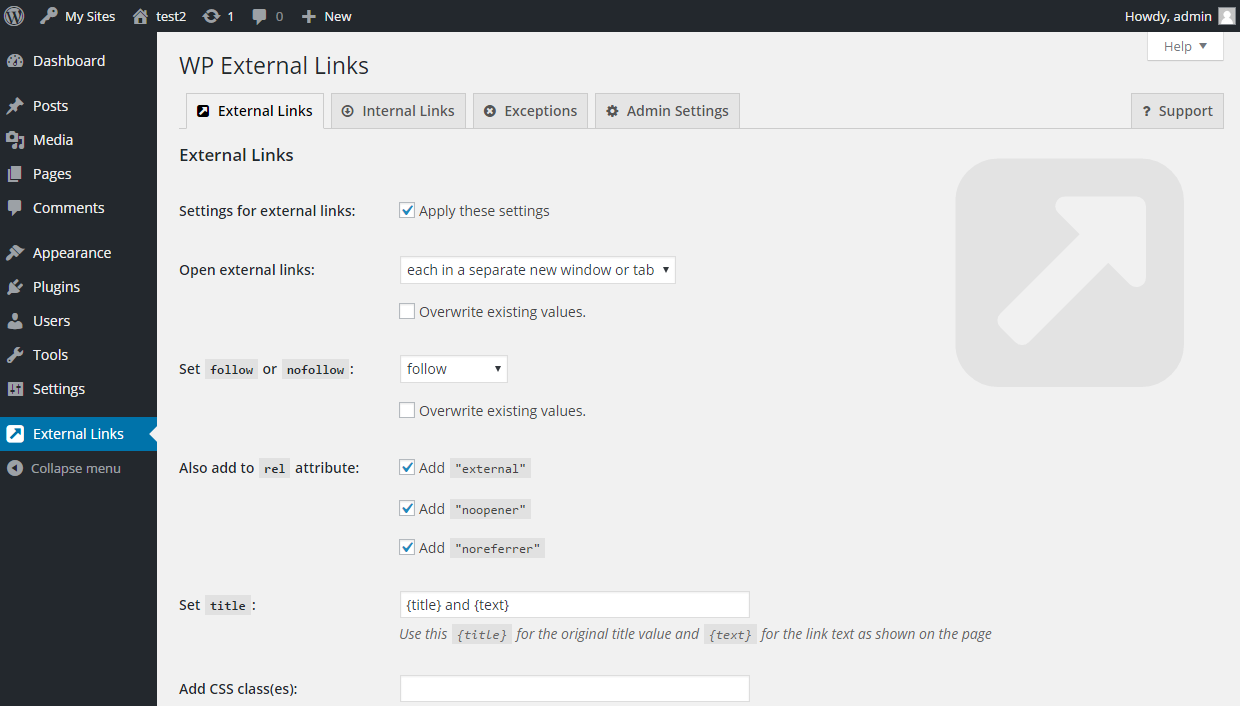 Establezca automáticamente enlaces externos en "nofollow" en enlaces externos: nofollow, noopener y configuración de complemento de nueva ventana