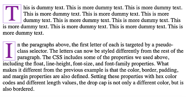 Dos iniciales moradas con un borde al principio de los párrafos
