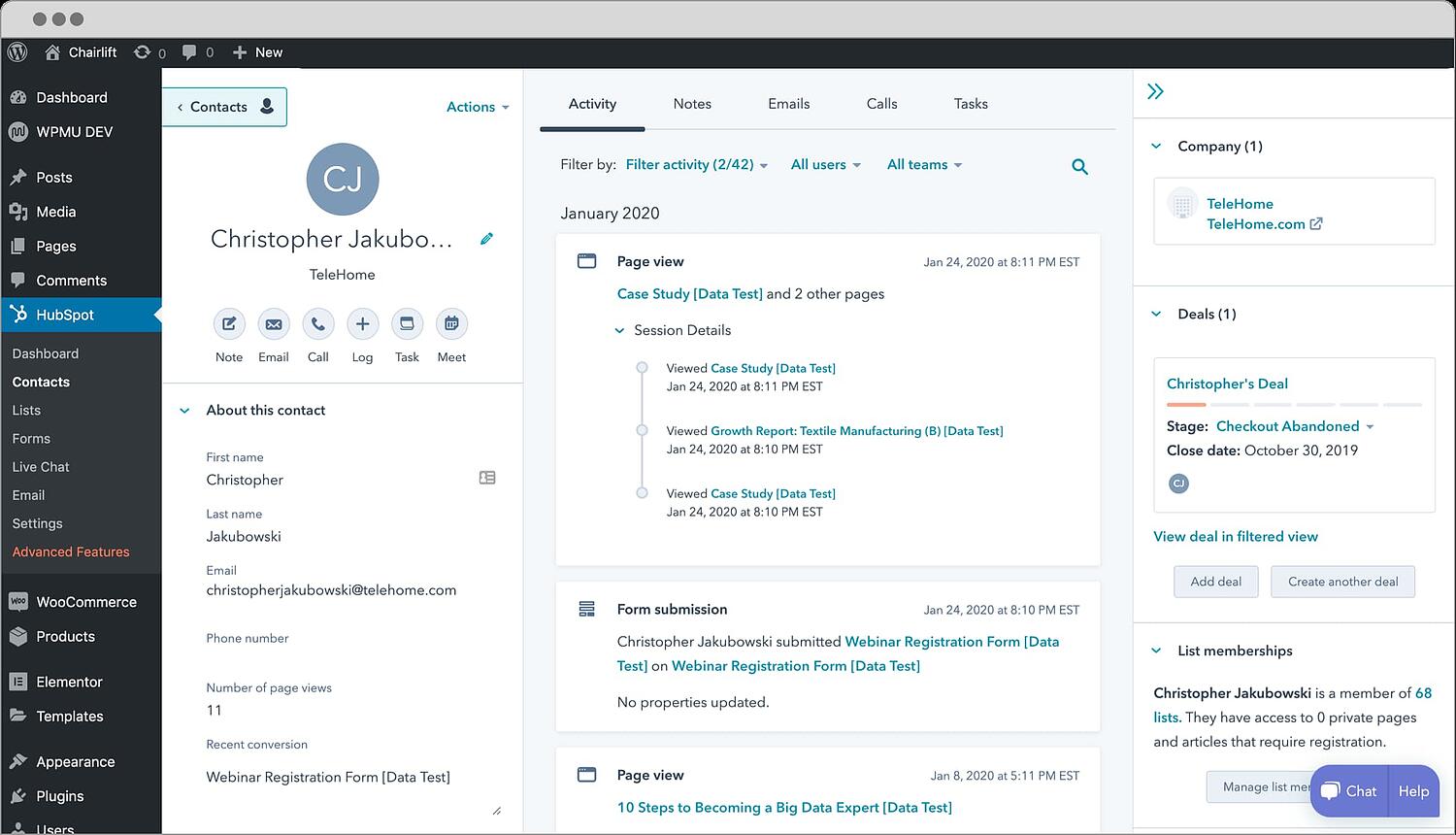Portal de HubSpot en el panel de WordPress a través del complemento HubSpot WordPress