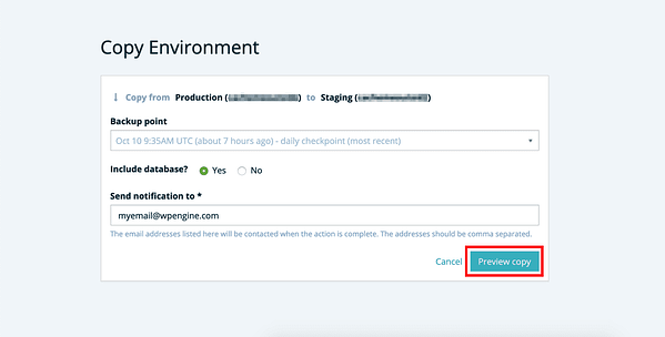 Botón de copia de vista previa resaltado en rojo en el tablero de WP Engine