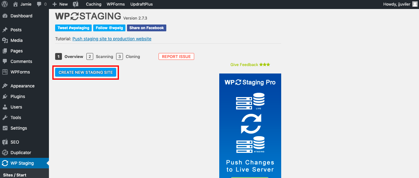 Crear un nuevo botón de sitio de prueba resaltado en rojo en la configuración del complemento WP Staging