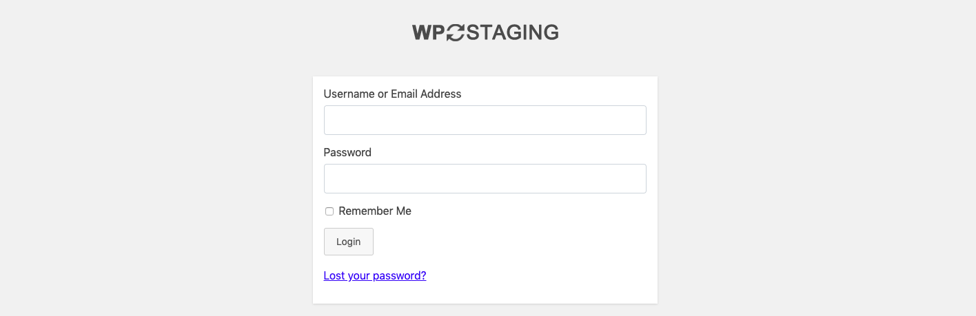 Página de inicio de sesión en blanco creada por el complemento WP Staging después de preparar la página de prueba