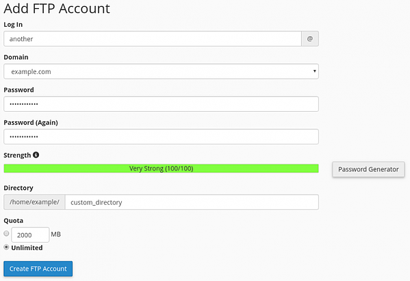 Agregue un campo de entrada de cuenta FTP con la información del subdominio del sitio de prueba en cPanel