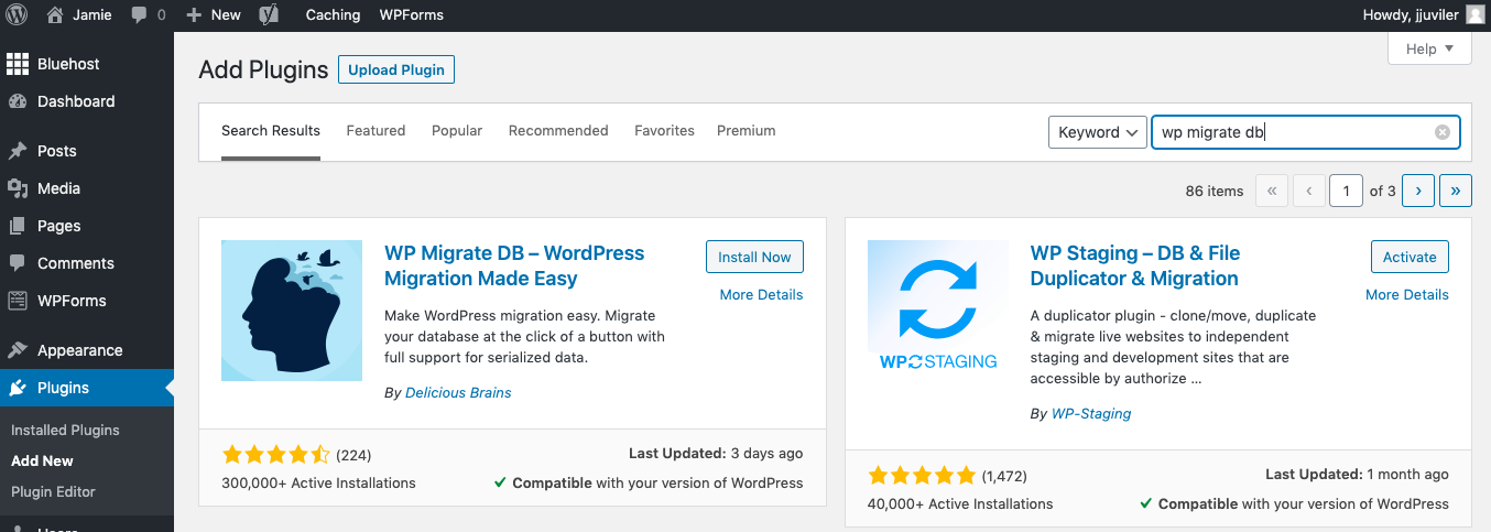 Instalación del complemento WP Migration DB en el panel de WordPress