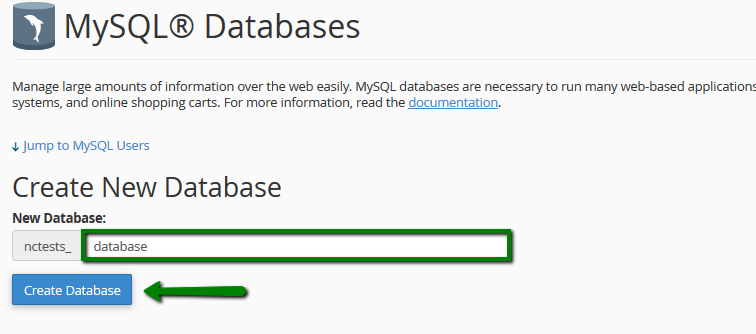 Cree un nuevo campo de entrada de base de datos marcado en verde en cPanel
