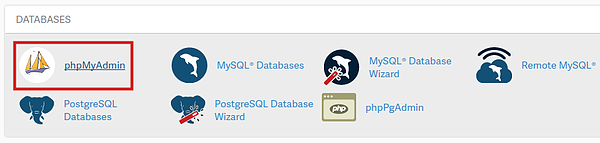 El icono de phpMyAdmin resaltado en rojo en cPanel