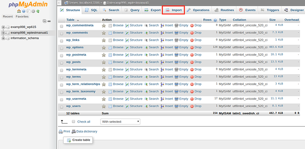 Botón Importar resaltado en rojo en phpMyAdmin en cPanel