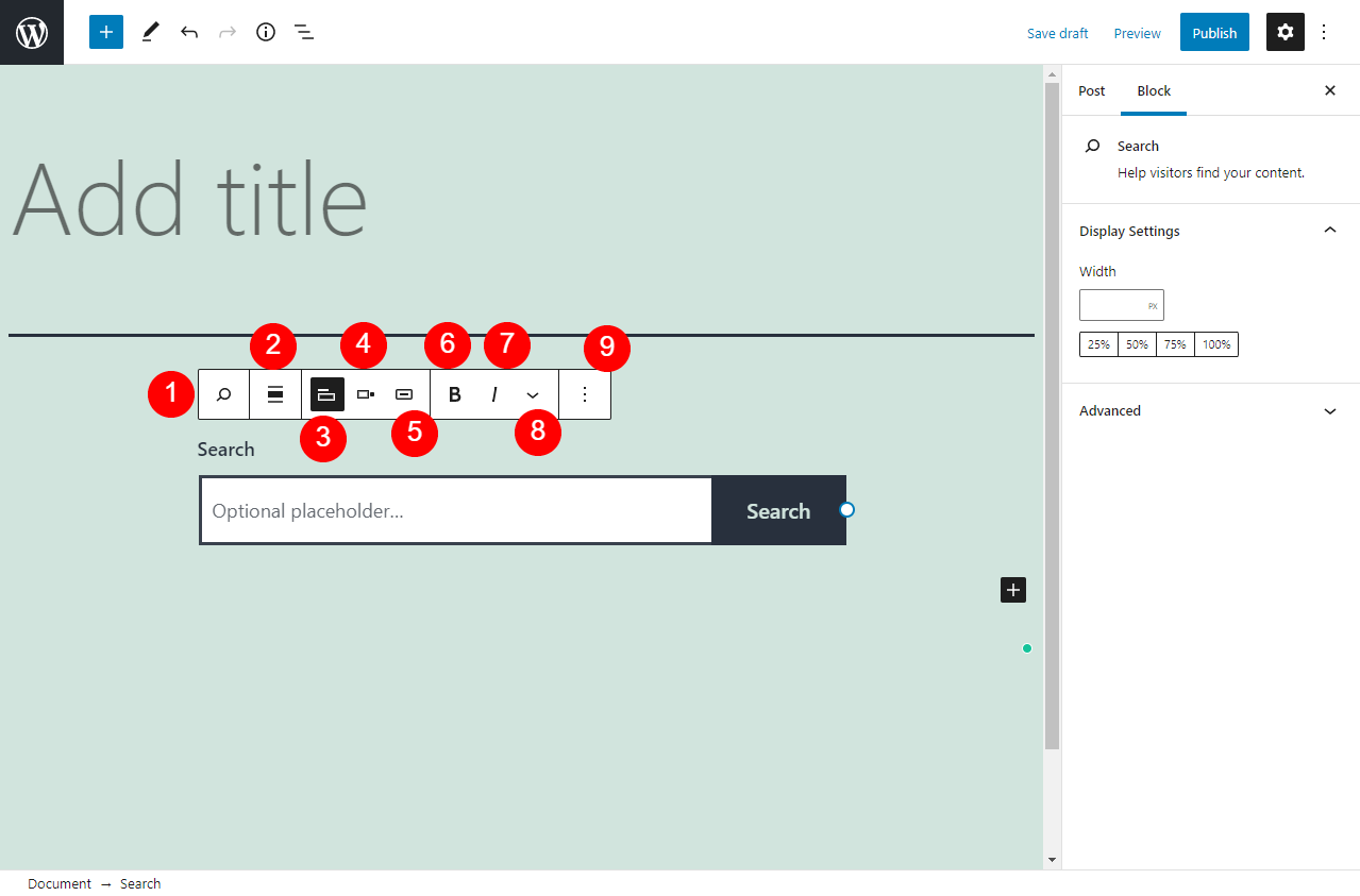 Opciones de la barra de herramientas del bloque de búsqueda.