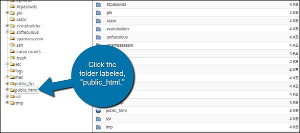 Un gráfico azul que indica al usuario que haga clic en una carpeta con la etiqueta public_html