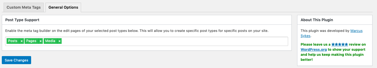 Configuración de soporte para tipos de publicaciones en el complemento Meta Tag Manager para WordPress