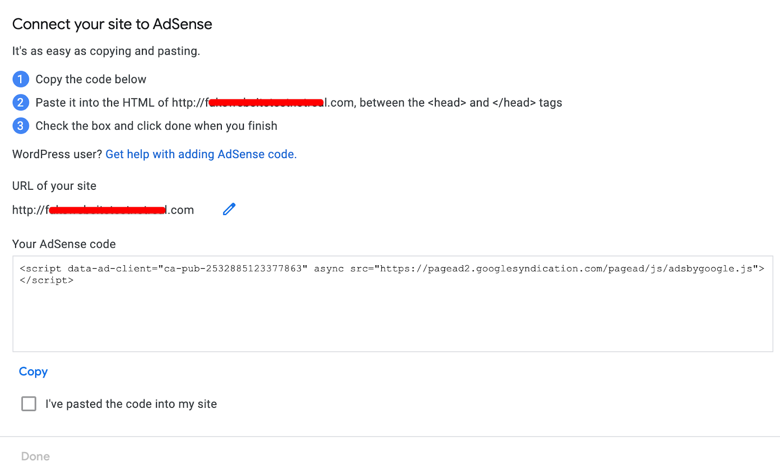 Una página de Google AdSense que contiene el código para agregar Google Adsense a WordPress