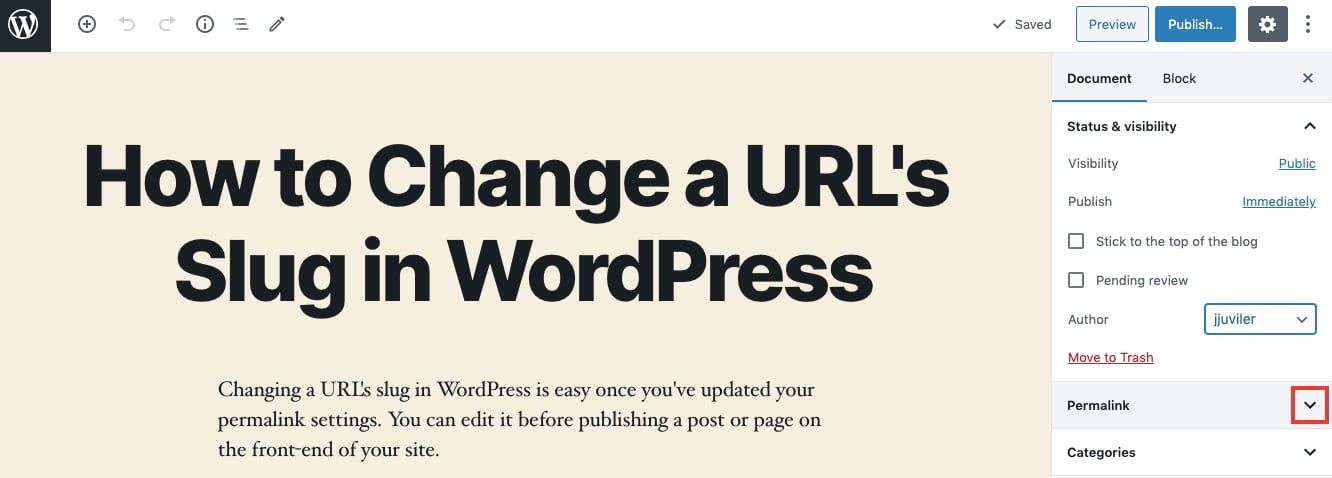 Al hacer clic en el menú desplegable de enlace permanente en el editor de WordPress Gutenberg para cambiar el caracol