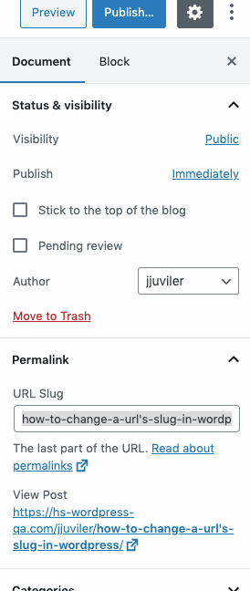Cambiar el caracol de URL en el editor de WordPress Gutenberg