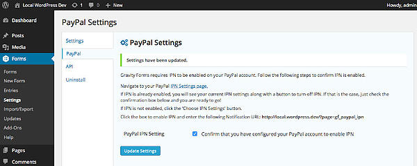 habilitar la configuración de paypal en el complemento de wordpress para formularios de gravedad con el complemento de paypal