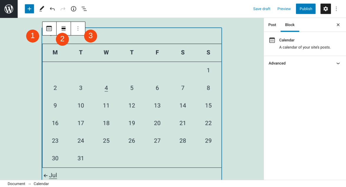 Barra de herramientas del bloque de calendario.