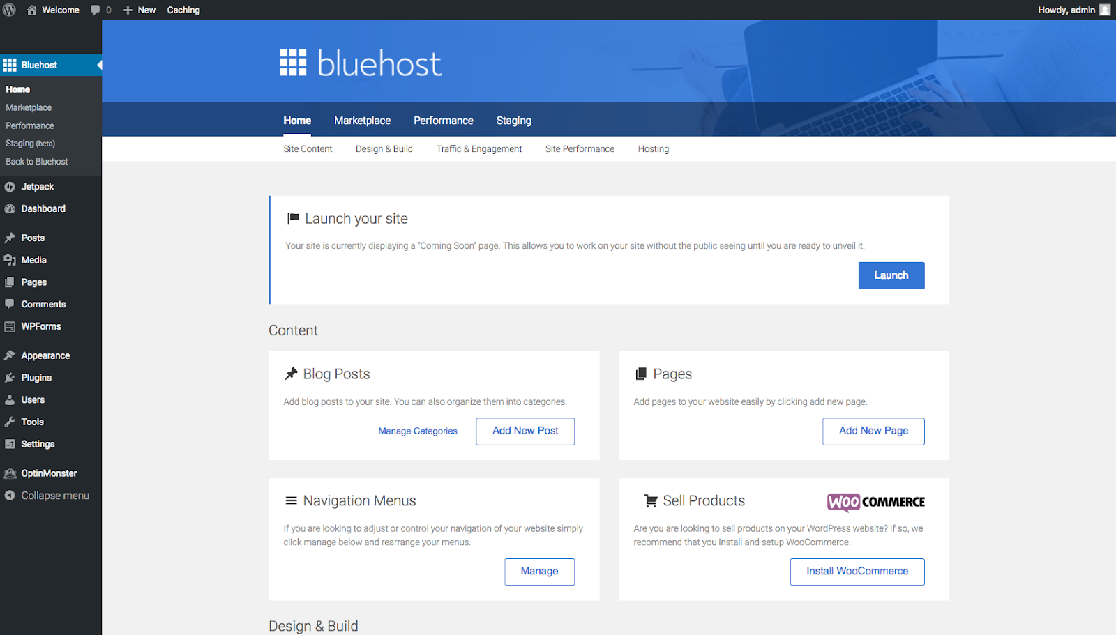 Menú Bluehost en WordPress