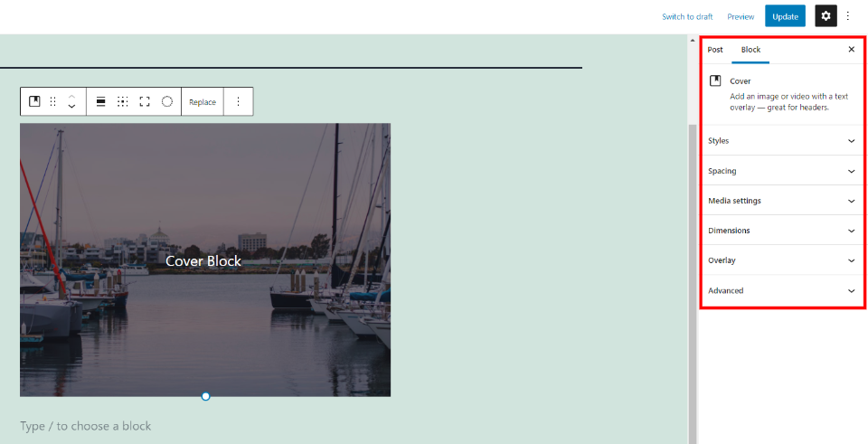 Configuración del bloque de portada