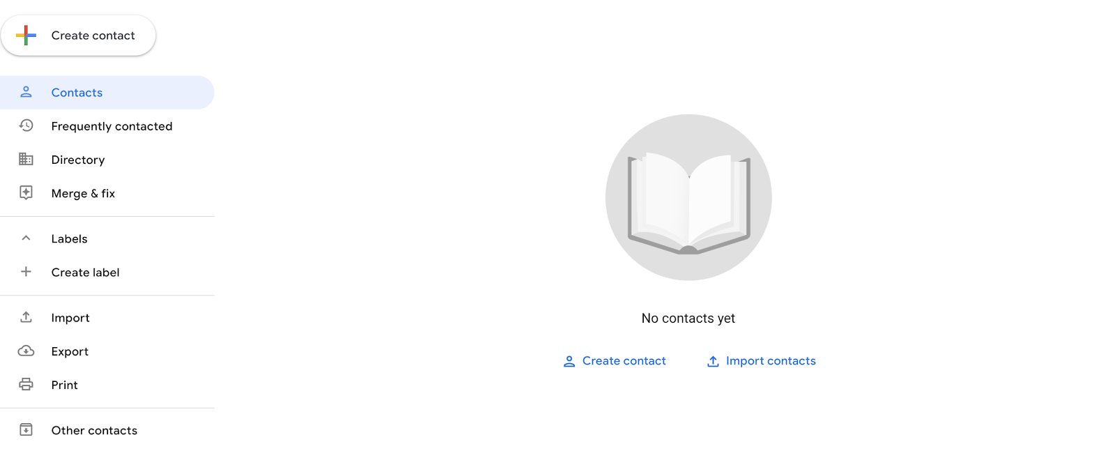 Libreta de direcciones de contactos de Google que muestra opciones para importar y exportar contactos