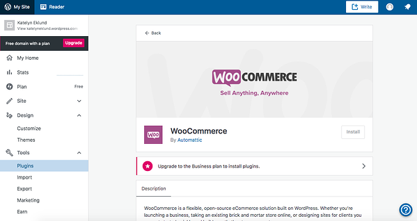 Puede instalar el complemento de woocommerce directamente desde el panel de WP 