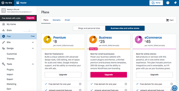 Solo los planes comerciales y de comercio electrónico de WordPress.com le permitirán instalar el complemento de woocommerce 