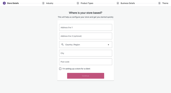 El asistente de inicio de WooCommerce aparecerá después de instalar el complemento de WooCommerce